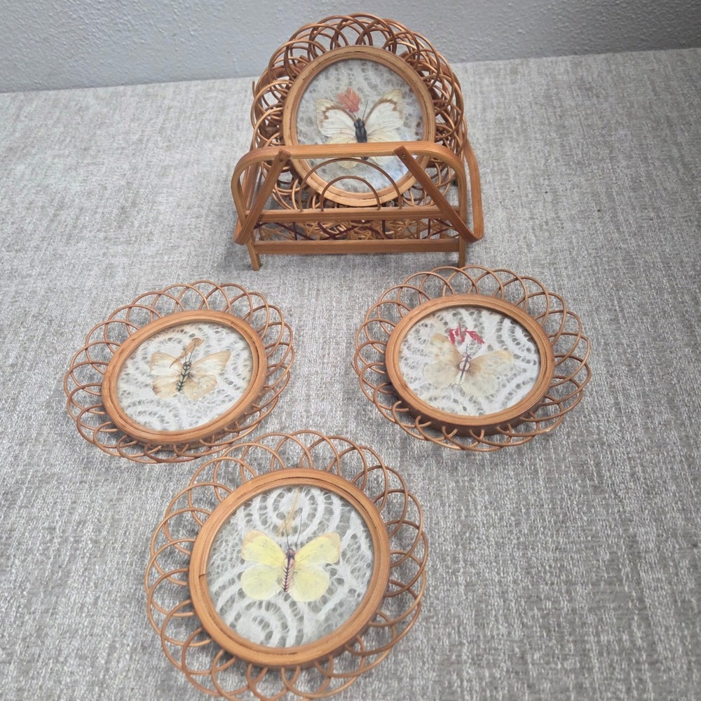 Vintage Bamboo Wicker Drink Coasters Set Pressed Butterfly Glass Caddy Boho 7pc